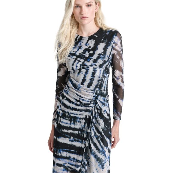 DKNY Petite Printed Side-Ruched Sheer-Sleeve Mesh Dress – Black/Blue (NWT, 4P) - Picture 3 of 5